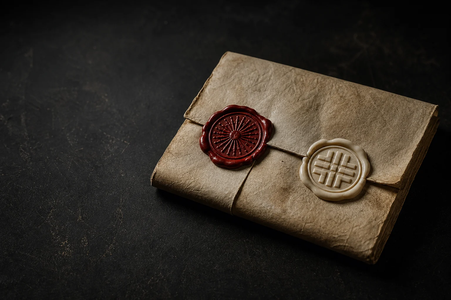 Editorial still life: a dark folded document closed with two distinct wax seals, one crimson and one bone.