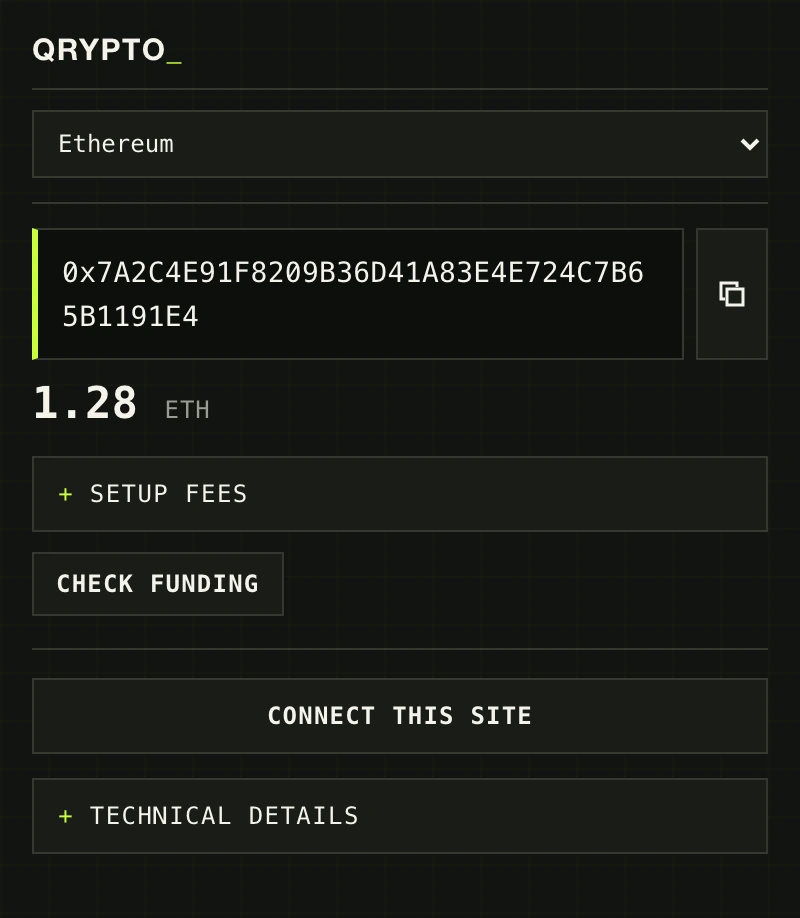 The configured Qrypto extension on Ethereum, showing the wallet address, balance, connection action, and technical details.